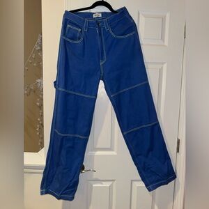 True Blue Denim Painters Pants with neon green Stitching